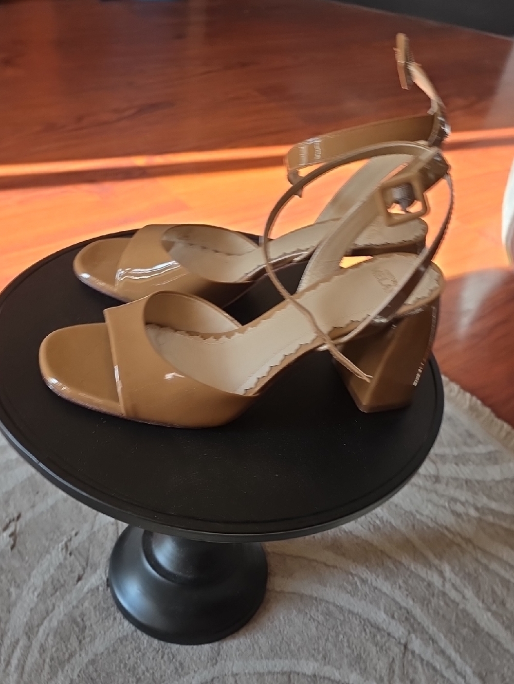 ANTONIO MELANI Patent Tan Block Heel Ankle-Strap Sandals